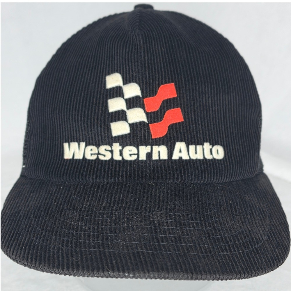 Vintage Western Auto Black Corduroy Trucker Hat Snapback Mesh Cap Racing Logo